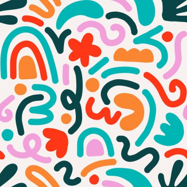 Çok renkli ve soyut şekilli el çizimi çağdaş sanat kolajı. Modern İskandinav kesim elementleriyle vektör kusursuz desen.