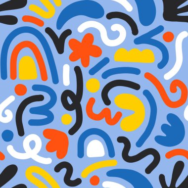 Çok renkli ve soyut şekilli el çizimi çağdaş sanat kolajı. Modern İskandinav kesim elementleriyle vektör kusursuz desen.