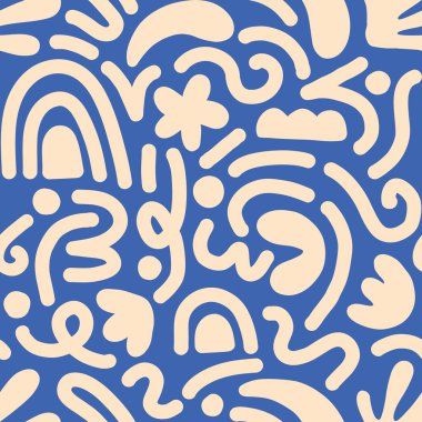 Çok renkli ve soyut şekilli el çizimi çağdaş sanat kolajı. Modern İskandinav kesim elementleriyle vektör kusursuz desen.