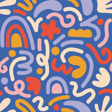 Çok renkli ve soyut şekilli el çizimi çağdaş sanat kolajı. Modern İskandinav kesim elementleriyle vektör kusursuz desen.