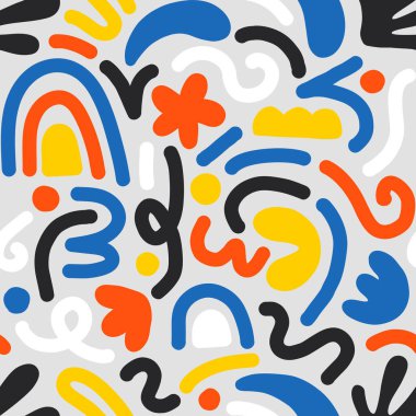 Çok renkli ve soyut şekilli el çizimi çağdaş sanat kolajı. Modern İskandinav kesim elementleriyle vektör kusursuz desen.