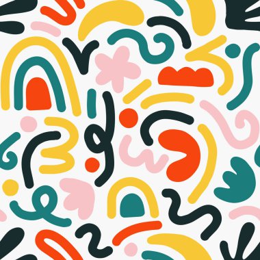 Çok renkli ve soyut şekilli el çizimi çağdaş sanat kolajı. Modern İskandinav kesim elementleriyle vektör kusursuz desen.