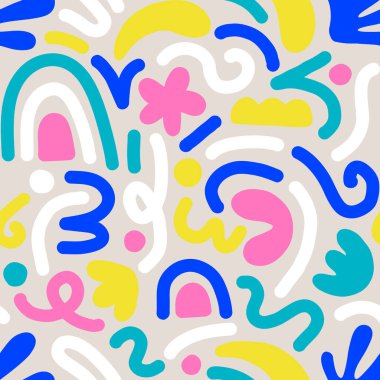 Çok renkli ve soyut şekilli el çizimi çağdaş sanat kolajı. Modern İskandinav kesim elementleriyle vektör kusursuz desen.