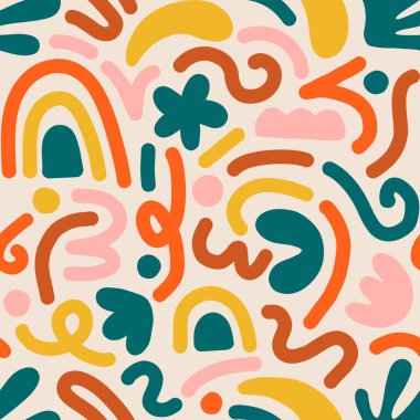 Çok renkli ve soyut şekilli el çizimi çağdaş sanat kolajı. Modern İskandinav kesim elementleriyle vektör kusursuz desen.