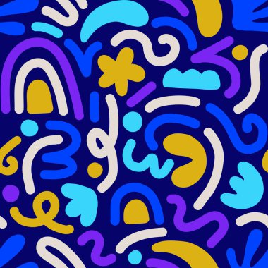 Çok renkli ve soyut şekilli el çizimi çağdaş sanat kolajı. Modern İskandinav kesim elementleriyle vektör kusursuz desen.