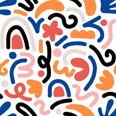 Çok renkli ve soyut şekilli el çizimi çağdaş sanat kolajı. Modern İskandinav kesim elementleriyle vektör kusursuz desen.