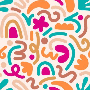 Çok renkli ve soyut şekilli el çizimi çağdaş sanat kolajı. Modern İskandinav kesim elementleriyle vektör kusursuz desen.