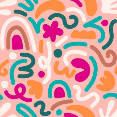 Çok renkli ve soyut şekilli el çizimi çağdaş sanat kolajı. Modern İskandinav kesim elementleriyle vektör kusursuz desen.