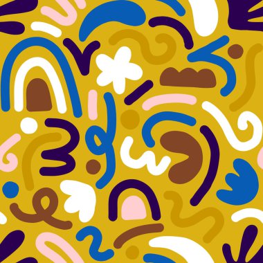 Çok renkli ve soyut şekilli el çizimi çağdaş sanat kolajı. Modern İskandinav kesim elementleriyle vektör kusursuz desen.