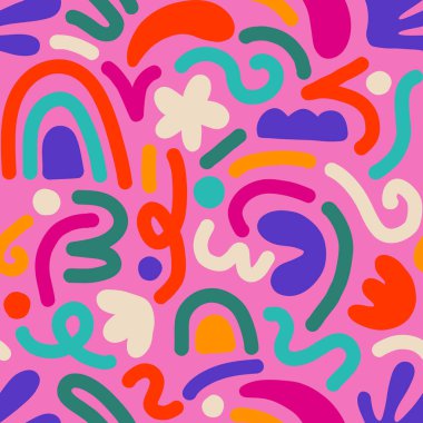 Çok renkli ve soyut şekilli el çizimi çağdaş sanat kolajı. Modern İskandinav kesim elementleriyle vektör kusursuz desen.