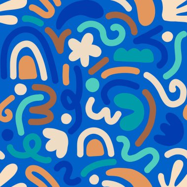 Çok renkli ve soyut şekilli el çizimi çağdaş sanat kolajı. Modern İskandinav kesim elementleriyle vektör kusursuz desen.