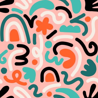 Çok renkli ve soyut şekilli el çizimi çağdaş sanat kolajı. Modern İskandinav kesim elementleriyle vektör kusursuz desen.