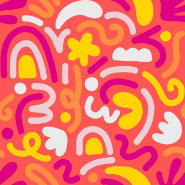 Çok renkli ve soyut şekilli el çizimi çağdaş sanat kolajı. Modern İskandinav kesim elementleriyle vektör kusursuz desen.