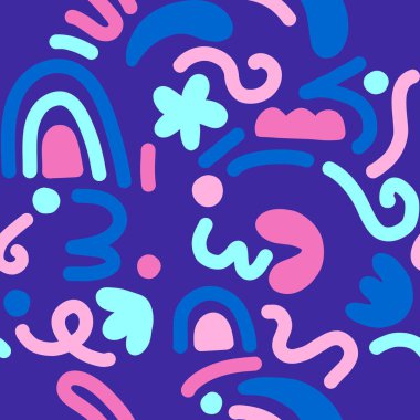 Çok renkli ve soyut şekilli el çizimi çağdaş sanat kolajı. Modern İskandinav kesim elementleriyle vektör kusursuz desen.