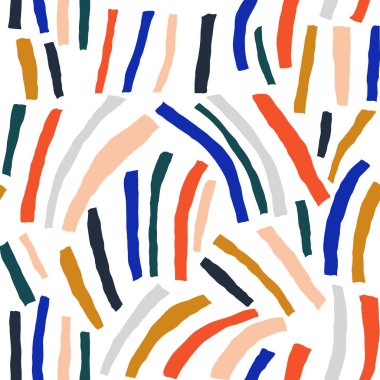 Çok renkli çizgileri olan el çizimi çağdaş sanat kolajı. Kesilmiş elementlerle modern vektörsüz desen.