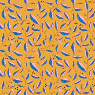 Rengarenk yaprakları olan kusursuz bir desen. Tarzlı ağaç dalları olan vektör çiçek arkaplanı. Kumaş, baskı, kapak, afiş, davet için el çizimi tasarım ögeleri.