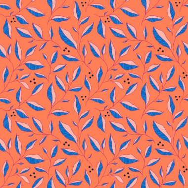 Rengarenk yaprakları olan kusursuz bir desen. Tarzlı ağaç dalları olan vektör çiçek arkaplanı. Kumaş, baskı, kapak, afiş, davet için el çizimi tasarım ögeleri.
