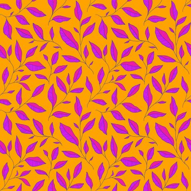 Rengarenk yaprakları olan kusursuz bir desen. Tarzlı ağaç dalları olan vektör çiçek arkaplanı. Kumaş, baskı, kapak, afiş, davet için el çizimi tasarım ögeleri.