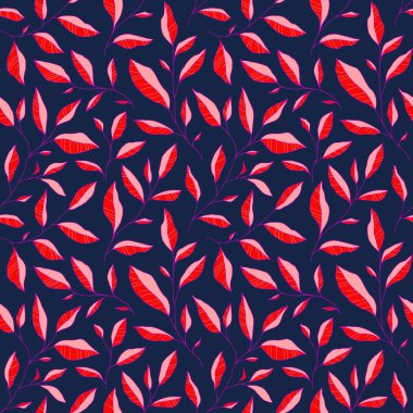 Rengarenk yaprakları olan kusursuz bir desen. Tarzlı ağaç dalları olan vektör çiçek arkaplanı. Kumaş, baskı, kapak, afiş, davet için el çizimi tasarım ögeleri.