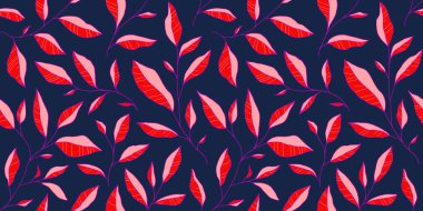 Rengarenk yaprakları olan kusursuz bir desen. Tarzlı ağaç dalları olan vektör çiçek arkaplanı. Kumaş, baskı, kapak, afiş, davet için el çizimi tasarım ögeleri.