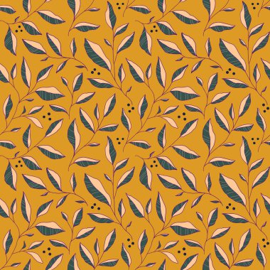 Rengarenk yaprakları olan kusursuz bir desen. Tarzlı ağaç dalları olan vektör çiçek arkaplanı. Kumaş, baskı, kapak, afiş, davet için el çizimi tasarım ögeleri.