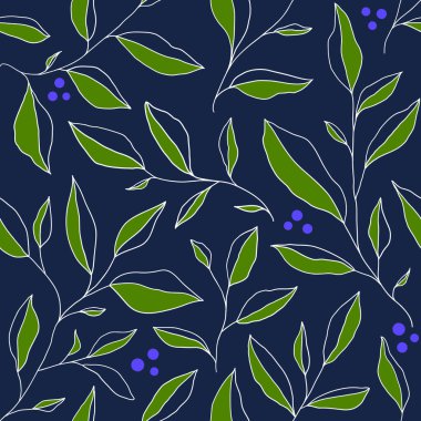 Yabanmersini dallarıyla kusursuz desen. Şekillendirilmiş yapraklar ve böğürtlenli vektör çiçek arkaplanı. Kumaş, baskı, kapak, afiş, davet için el çizimi tasarım ögeleri.