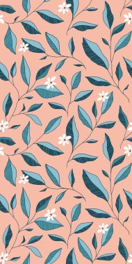 Yaprakları ve küçük çiçekleri olan kusursuz bir desen. Vektör zarif çiçek arkaplanı. Kumaş, baskı, kapak, afiş, davet için el çizimi tasarım ögeleri.