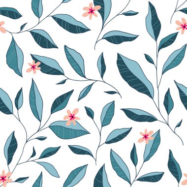 Yaprakları ve küçük çiçekleri olan kusursuz bir desen. Vektör zarif çiçek arkaplanı. Kumaş, baskı, kapak, afiş, davet için el çizimi tasarım ögeleri.