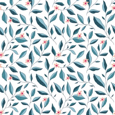 Yaprakları ve küçük çiçekleri olan kusursuz bir desen. Vektör zarif çiçek arkaplanı. Kumaş, baskı, kapak, afiş, davet için el çizimi tasarım ögeleri.