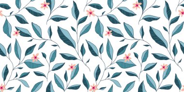 Yaprakları ve küçük çiçekleri olan kusursuz bir desen. Vektör zarif çiçek arkaplanı. Kumaş, baskı, kapak, afiş, davet için el çizimi tasarım ögeleri.