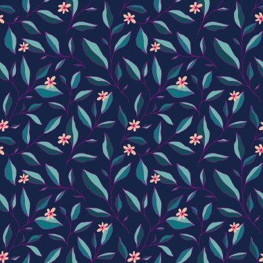 Yaprakları ve küçük çiçekleri olan kusursuz bir desen. Vektör zarif çiçek arkaplanı. Kumaş, baskı, kapak, afiş, davet için el çizimi tasarım ögeleri.