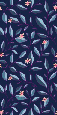 Yaprakları ve küçük çiçekleri olan kusursuz bir desen. Vektör zarif çiçek arkaplanı. Kumaş, baskı, kapak, afiş, davet için el çizimi tasarım ögeleri.