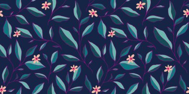 Yaprakları ve küçük çiçekleri olan kusursuz bir desen. Vektör zarif çiçek arkaplanı. Kumaş, baskı, kapak, afiş, davet için el çizimi tasarım ögeleri.