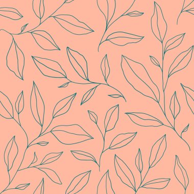 Seamless pattern with one line leaves. Vector floral background in trendy minimalistic linear style. Hand drawn outline design for fabric , print, cover, banner and invitation.