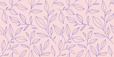 Seamless pattern with one line leaves. Vector floral background in trendy minimalistic linear style. Hand drawn outline design for fabric , print, cover, banner and invitation.