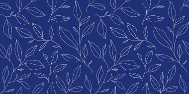Seamless pattern with one line leaves. Vector floral background in trendy minimalistic linear style. Hand drawn outline design for fabric , print, cover, banner and invitation.