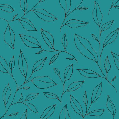 Seamless pattern with one line leaves. Vector floral background in trendy minimalistic linear style. Hand drawn outline design for fabric , print, cover, banner and invitation.