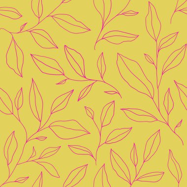 Seamless pattern with one line leaves. Vector floral background in trendy minimalistic linear style. Hand drawn outline design for fabric , print, cover, banner and invitation.