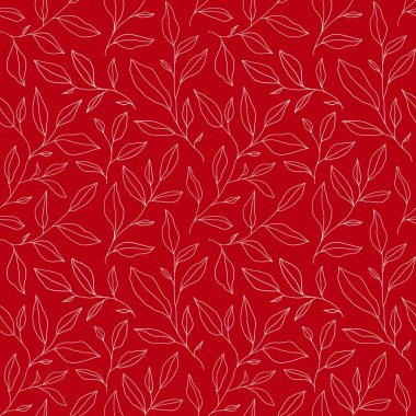 Seamless pattern with one line leaves. Vector floral background in trendy minimalistic linear style. Hand drawn outline design for fabric , print, cover, banner and invitation.