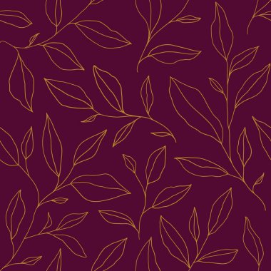 Seamless pattern with one line leaves. Vector floral background in trendy minimalistic linear style. Hand drawn outline design for fabric , print, cover, banner and invitation.