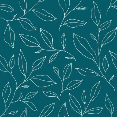 Seamless pattern with one line leaves. Vector floral background in trendy minimalistic linear style. Hand drawn outline design for fabric , print, cover, banner and invitation.