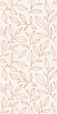 Seamless pattern with one line leaves. Vector floral background in trendy minimalistic linear style. Hand drawn outline design for fabric , print, cover, banner and invitation.