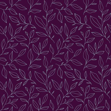 Seamless pattern with one line leaves. Vector floral background in trendy minimalistic linear style. Hand drawn outline design for fabric , print, cover, banner and invitation.
