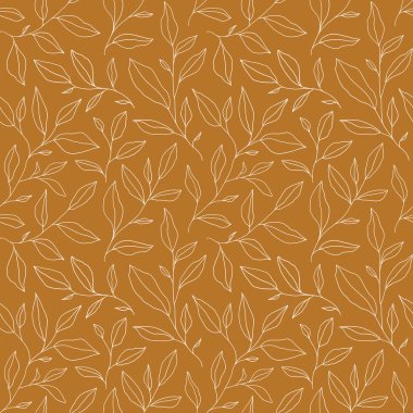 Seamless pattern with one line leaves. Vector floral background in trendy minimalistic linear style. Hand drawn outline design for fabric , print, cover, banner and invitation.