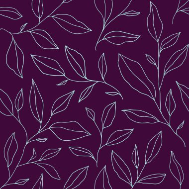 Seamless pattern with one line leaves. Vector floral background in trendy minimalistic linear style. Hand drawn outline design for fabric , print, cover, banner and invitation.