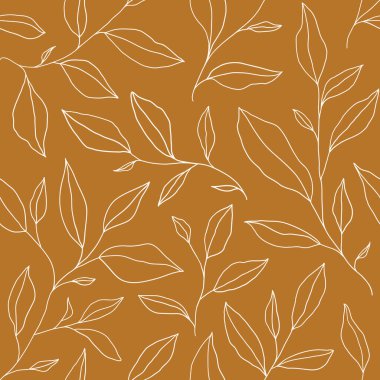 Seamless pattern with one line leaves. Vector floral background in trendy minimalistic linear style. Hand drawn outline design for fabric , print, cover, banner and invitation.