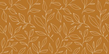 Seamless pattern with one line leaves. Vector floral background in trendy minimalistic linear style. Hand drawn outline design for fabric , print, cover, banner and invitation.