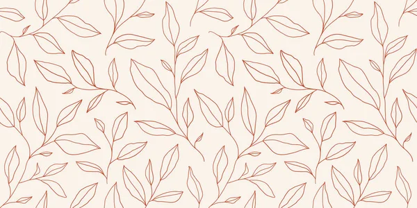 Seamless Pattern One Line Leaves Vector Floral Background Trendy Minimalistic — Stock vektor