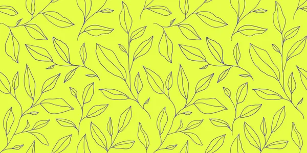 Seamless Pattern One Line Leaves Vector Floral Background Trendy Minimalistic — Stockvector