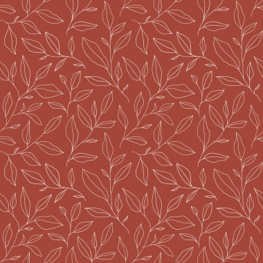 Seamless pattern with one line leaves. Vector floral background in trendy minimalistic linear style. Hand drawn outline design for fabric , print, cover, banner and invitation.